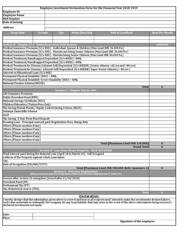 Employee Investment Declaration FY 2018-19 | PDF | Loans | Taxation