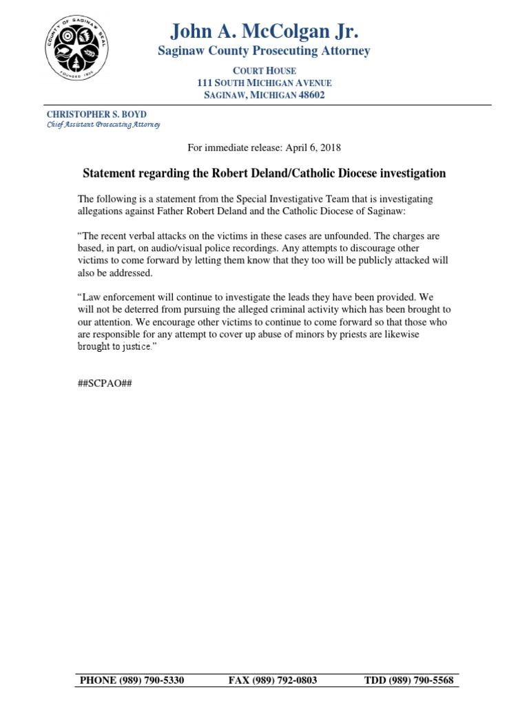 Saginaw Prosecutor's Statement on Diocese Investigation | PDF