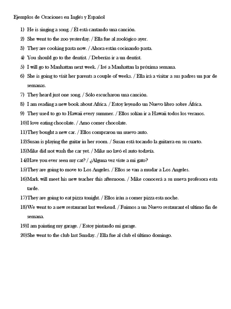 Ejemplos de Oraciones en Inglés y Español PDF