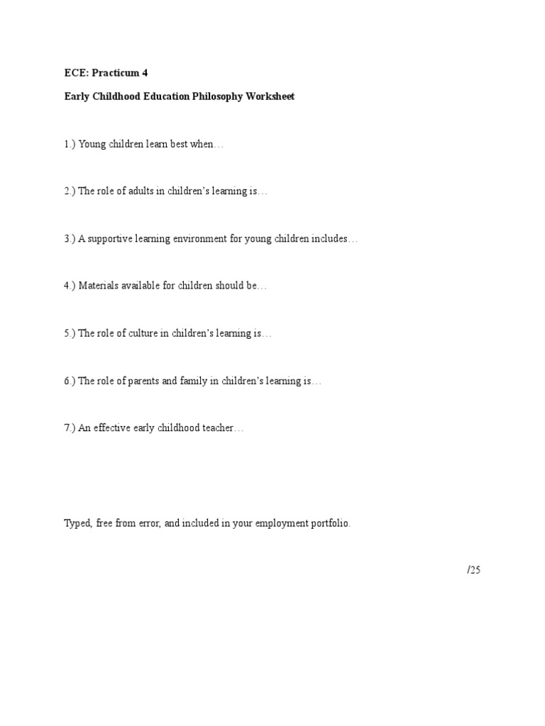 early childhood education philosophy worksheet