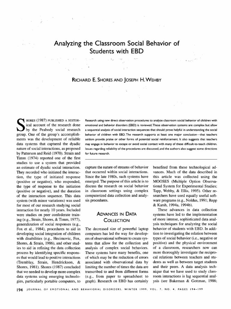 Analyzing The Classroom Social Behavior of Students With Ebd | PDF ...