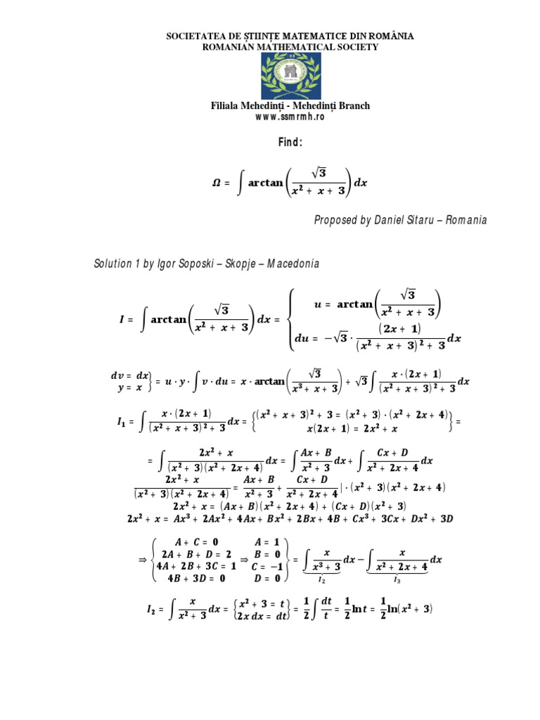 Proposed by Daniel Sitaru - Romania: Find | PDF | Teaching Mathematics ...