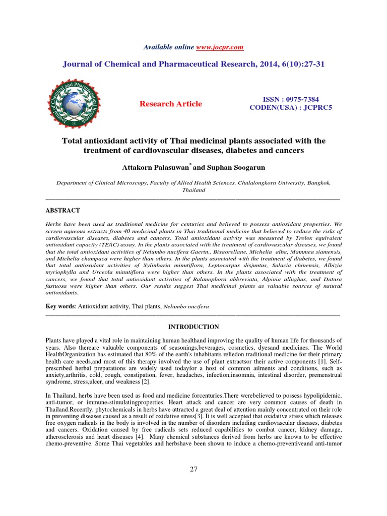 Total Antioxidant Activity of Thai Medicinal Plants Associated With The ...