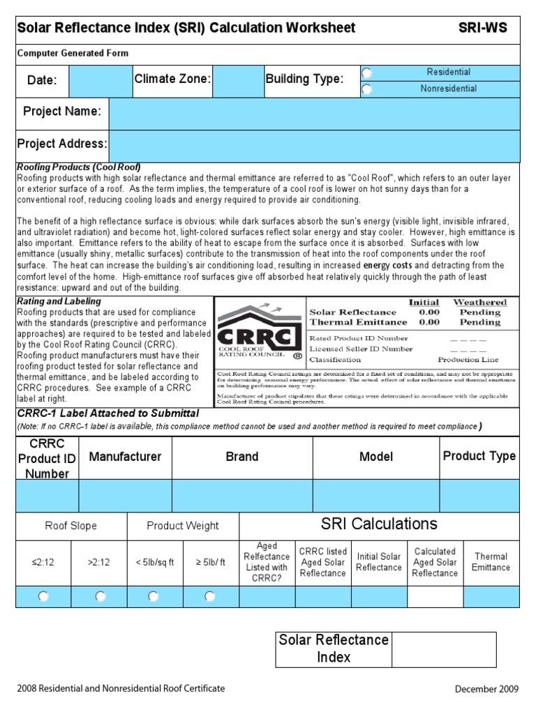 Solar Reflectance Index (SRI) Calculation Worksheet SriWs PDF Roof