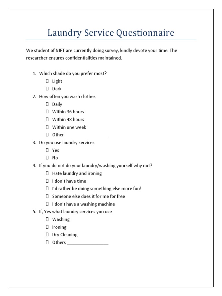 Laundry Service Questionnaire Laundry Cleaning