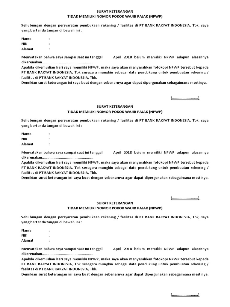 Surat Keterangan Tidak Memiliki Npwp