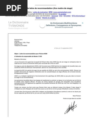 Exemple De Lettre De Recommandation D Un Maitre De Stage Pdf Motivation Motivationnel