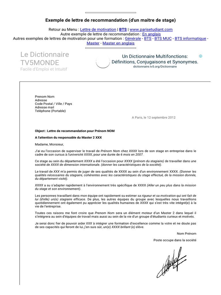 Exemplaire D Une Lettre De Recommandation Pdf