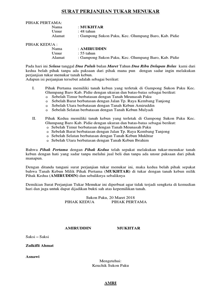 Contoh Surat Perjanjian Tukar Tanah
