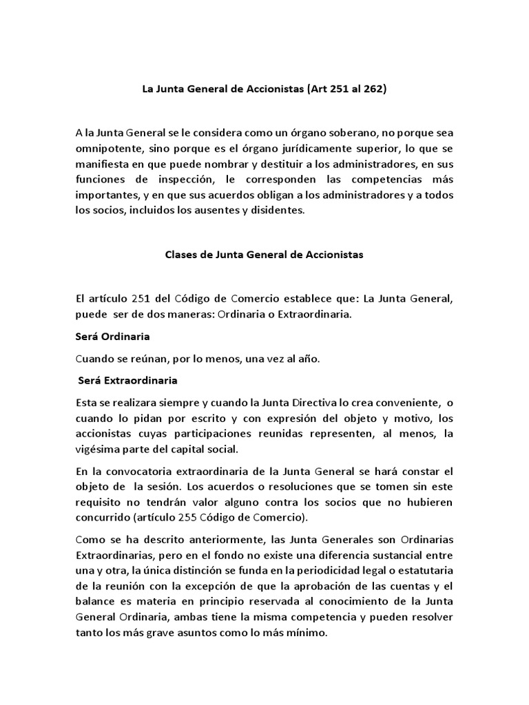 Clases y requisitos de la Junta de Accionistas | PDF | Sociedad de ...