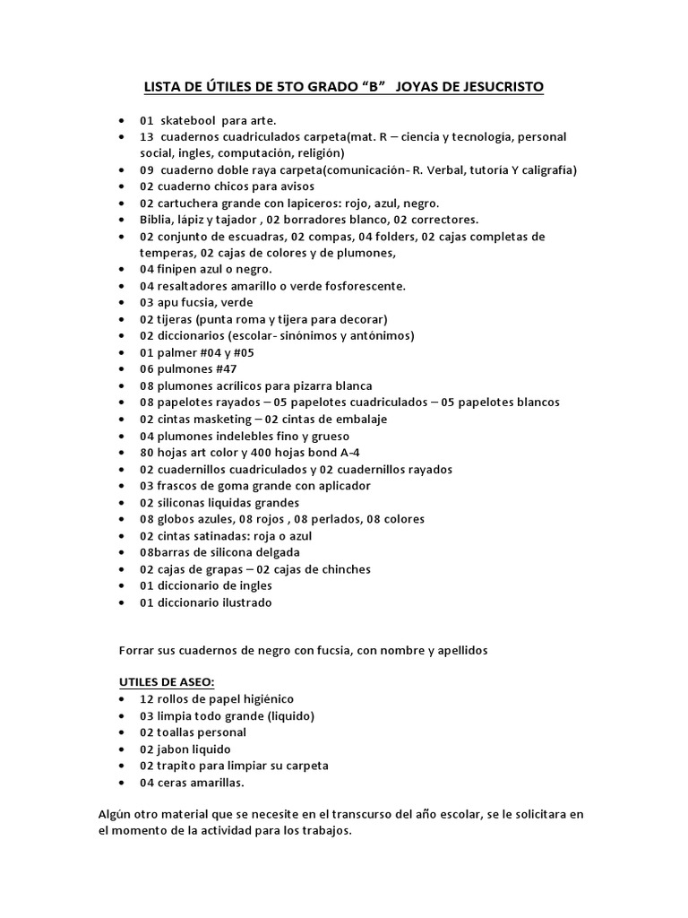 LISTA DE ÚTILES DE 5TO GRADO
