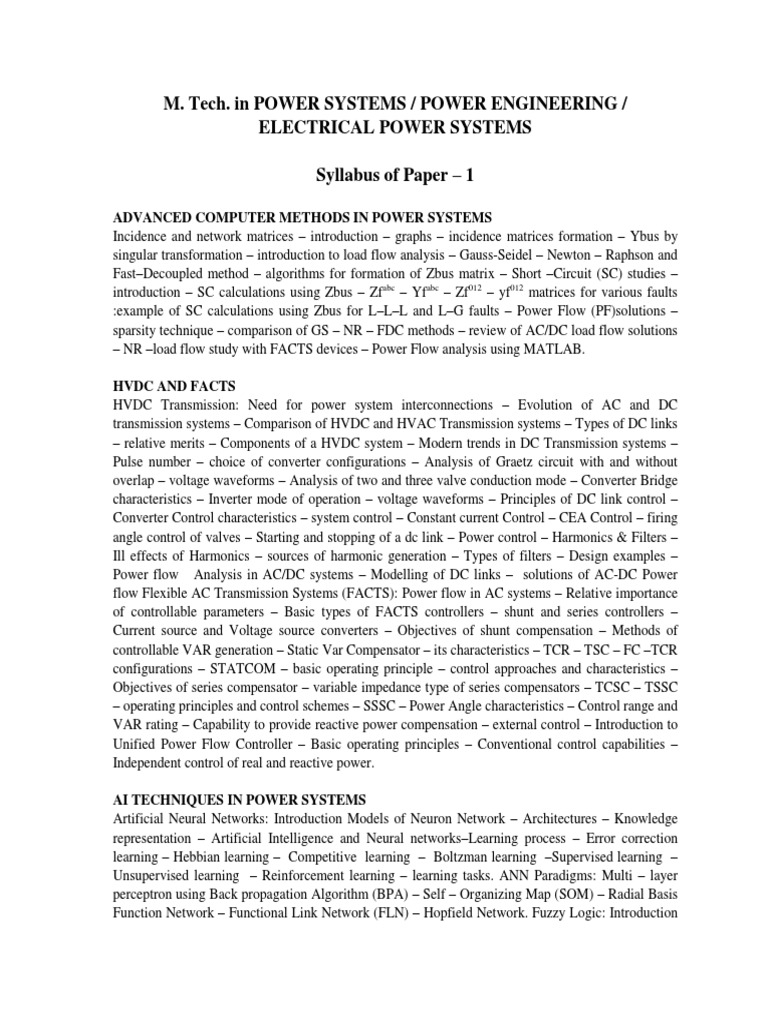 M. Tech. in Power Systems / Power Engineering / Electrical Power ...