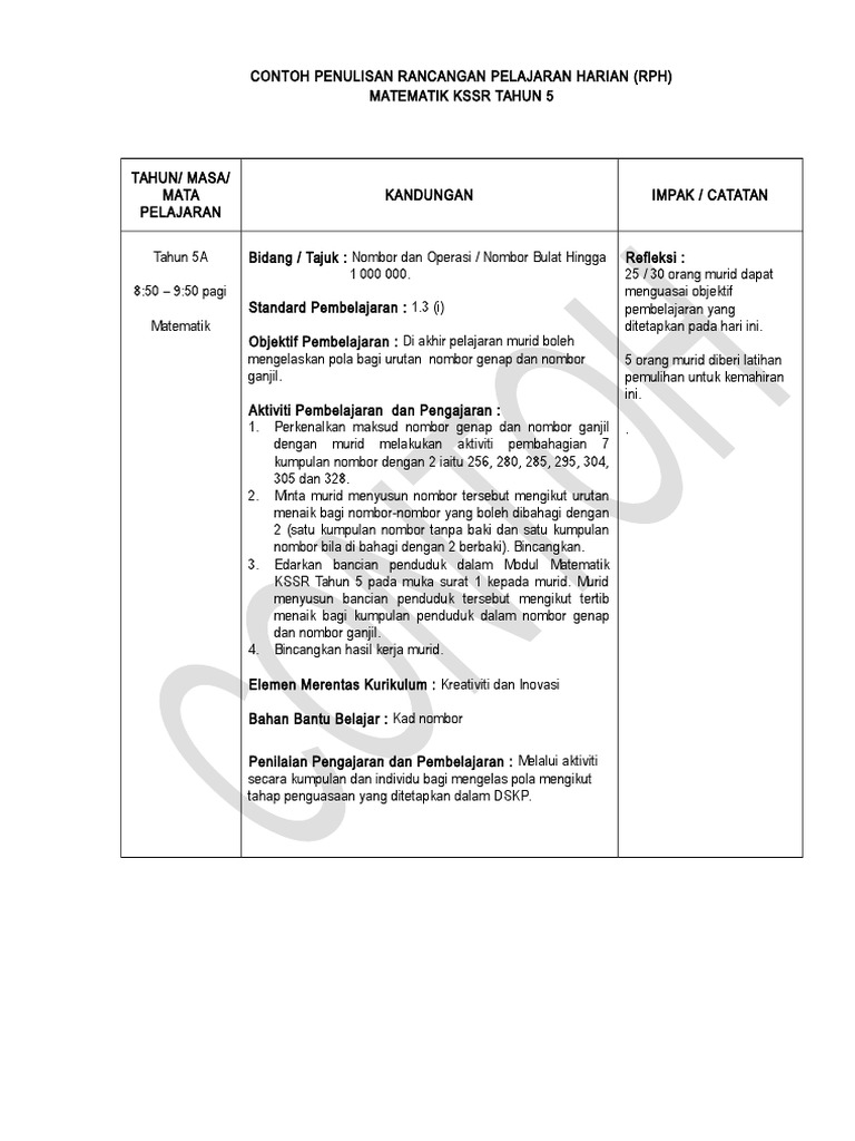 Contoh RPH Matematik Tahun 5  PDF