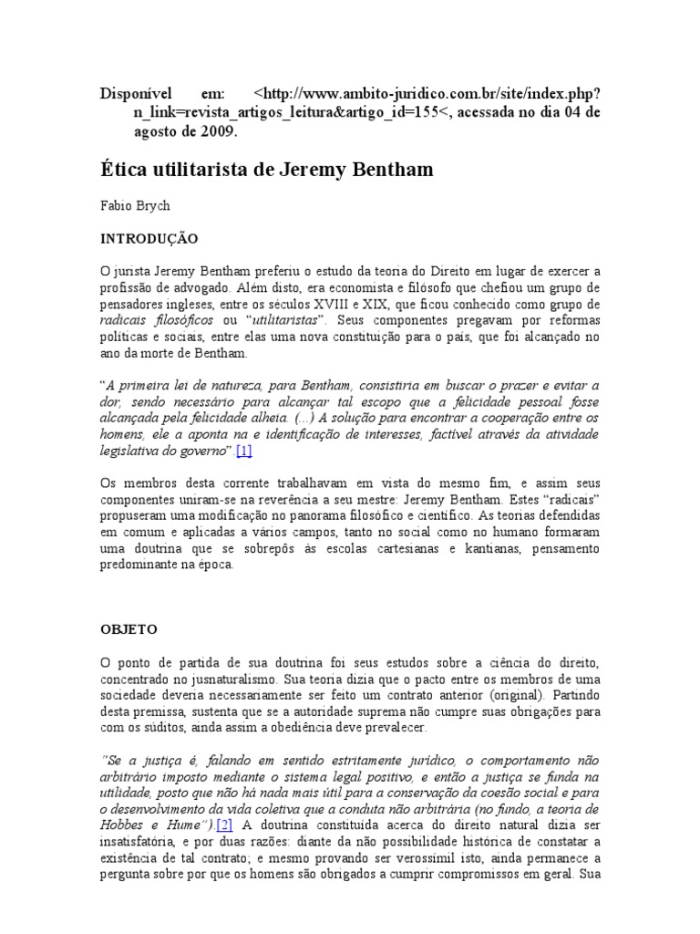 Ética Utilitarista de Jeremy Bentham | PDF | Utilitarismo | Moralidade