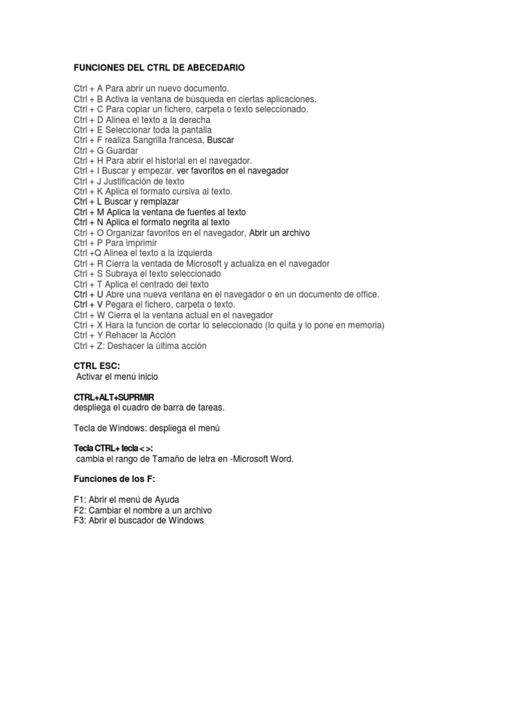 Funciones Del CTRL Del Abecedario Del Teclado | PDF | Archivo de ...
