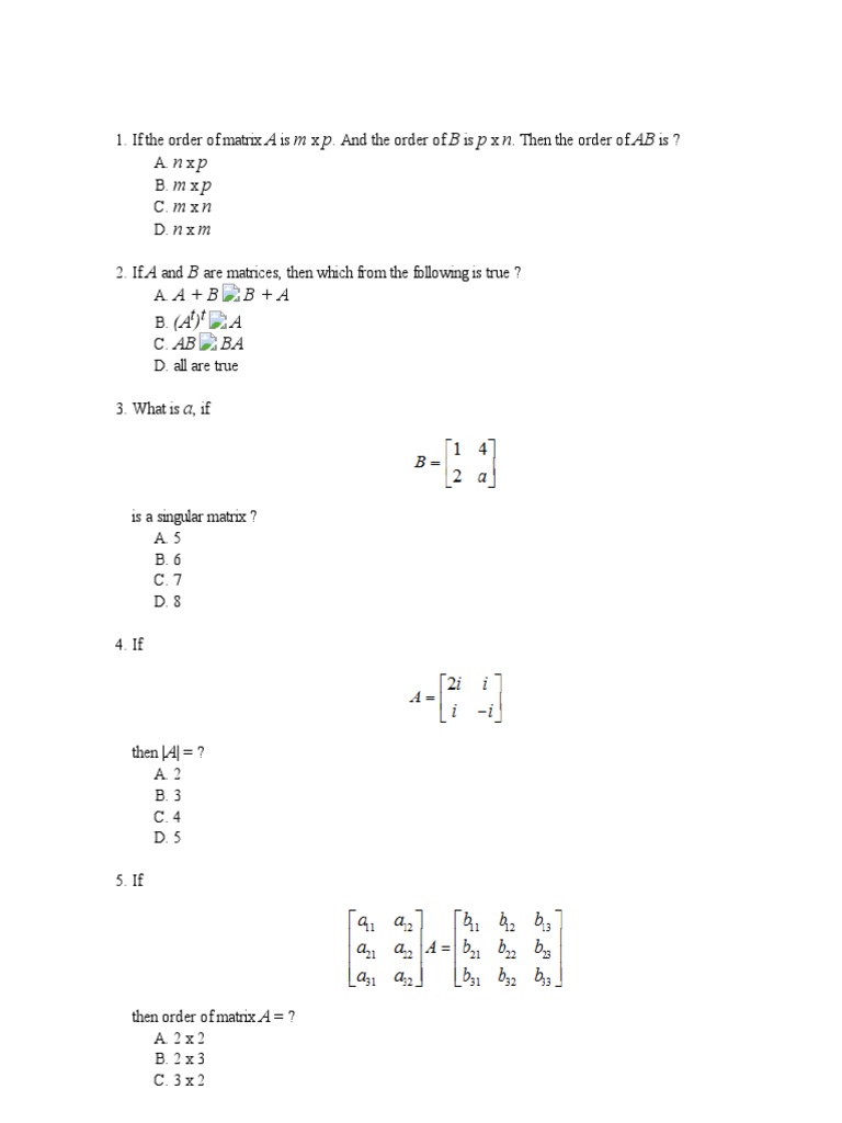 Matrices and Determinants MCQs PDF