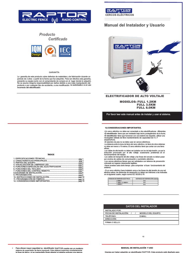 Manual de Instalación Electrificadores Raptor | PDF | Diodo emisor de ...