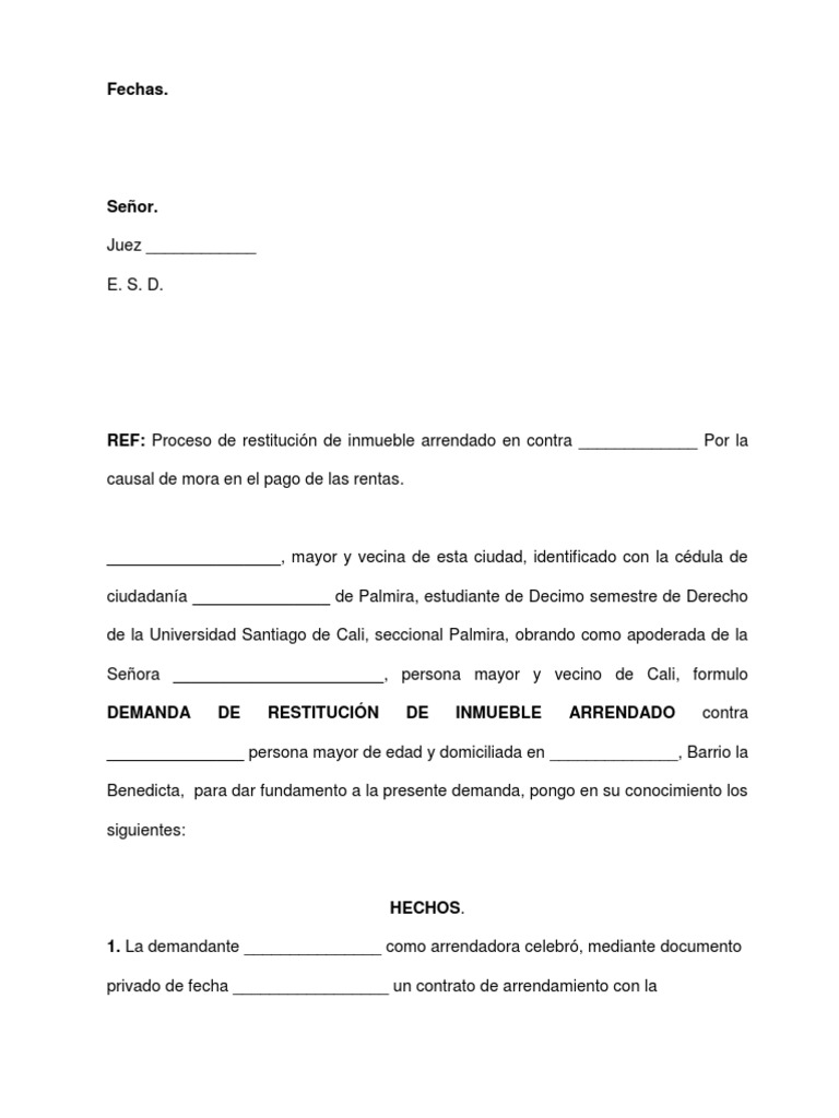 Demanda de Restitución de Inmueble Arrendado | PDF | Alquiler | Justicia