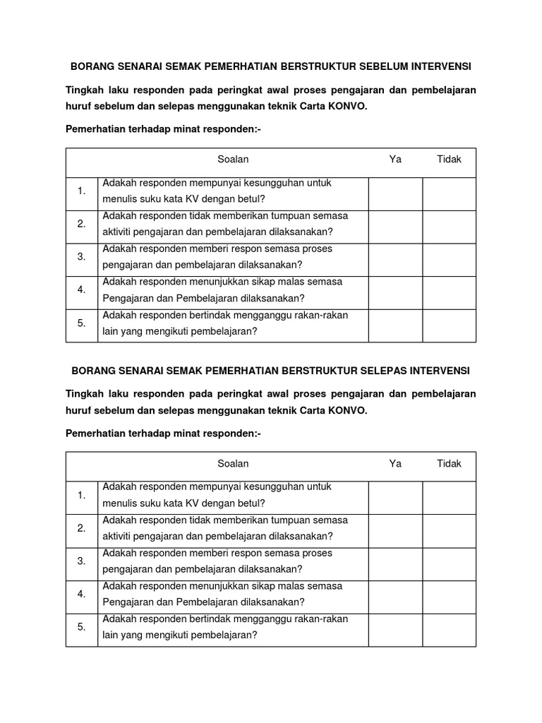 Contoh Senarai Semak Pemerhatian