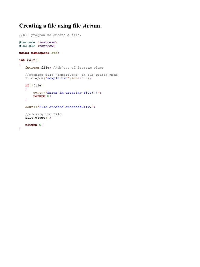 Creating A File Using File Stream. Iostream Fstream PDF