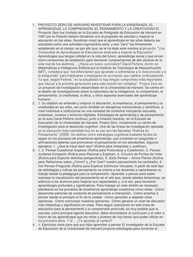 Proyecto Zero de Harvard | PDF | Aprendizaje | Plan de estudios