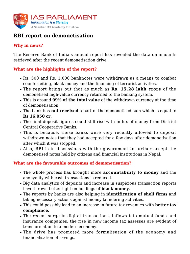 Rbi Report On Demonetisation | PDF | Indian Black Money | Legal Tender