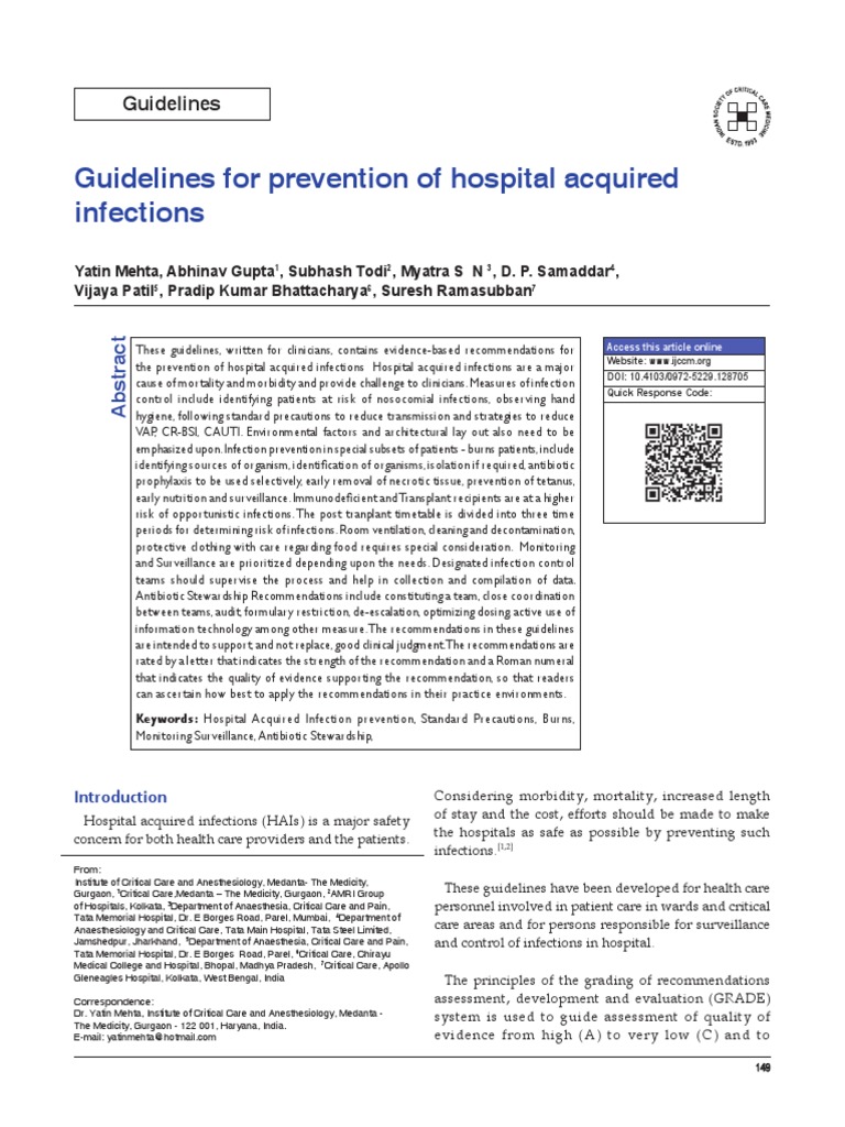 Guidelines For Prevention of Hospital Acquired Infections | PDF ...