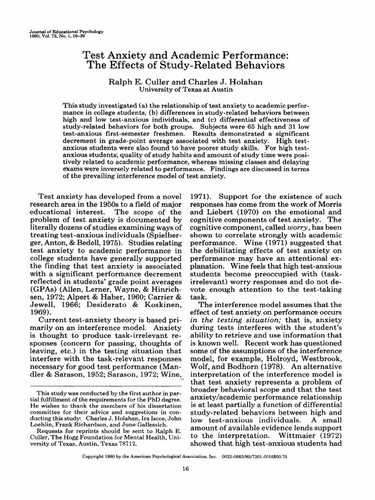 Test Anxiety and Academic Performance The Effects of Study Related ...