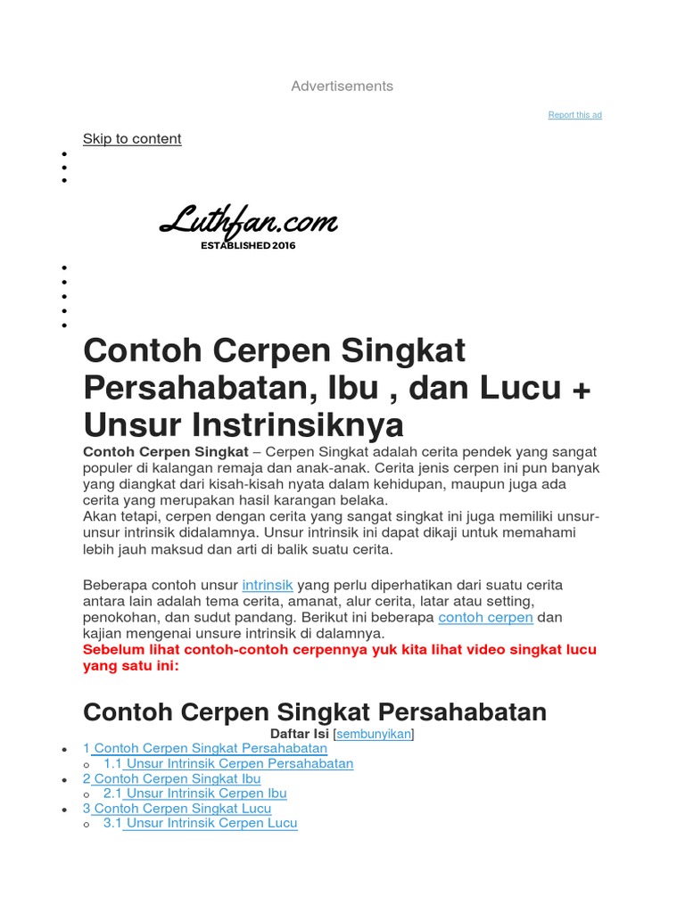 Contoh Cerpen Singkat Persahabatan Ibu Dan Lucu Unsur Instrinsiknya