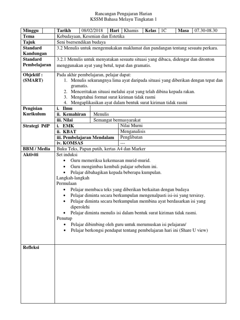Contoh Rph Bahasa Melayu Tingkatan 1 2018