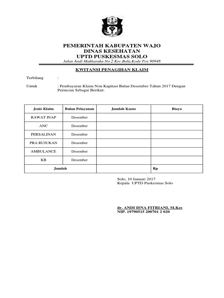 Format Kwitansi Penagihan Klaim Jkn