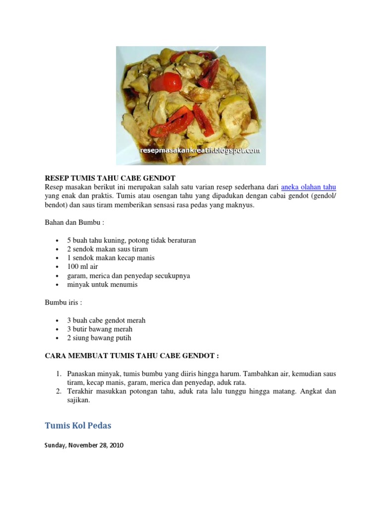 Resep Tumis Tahu Cabe Gendot