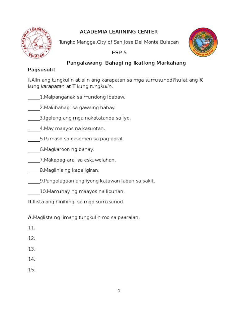 ESP 5 Third Quarter Exam | PDF