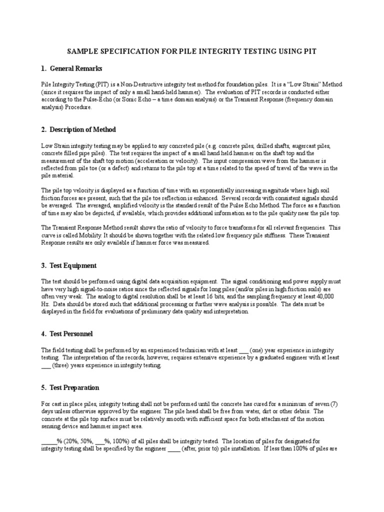 Pile Integrity Testing Specification | PDF | Deep Foundation | Nature