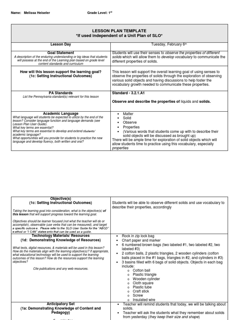 Lesson Plan Template If Used Independent of A Unit Plan of SLO PDF
