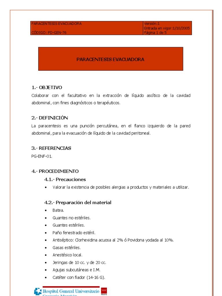 Procedimiento de Paracentesis Evacuadora | PDF | Lavado de manos ...