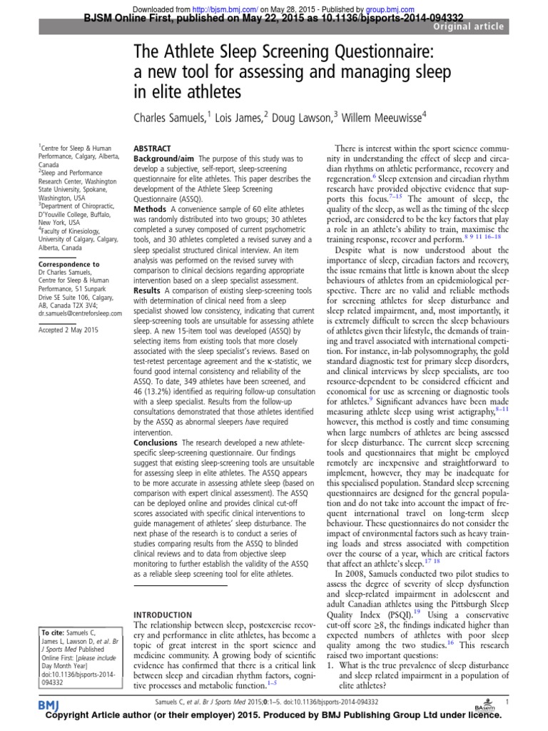 The Athlete Sleep Screening Questionnaire A New Tool For Assessing and ...