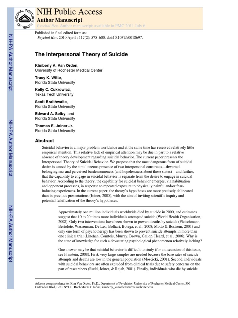The Interpersonal Theory of Suicide | PDF | Suicide | Mental Disorder