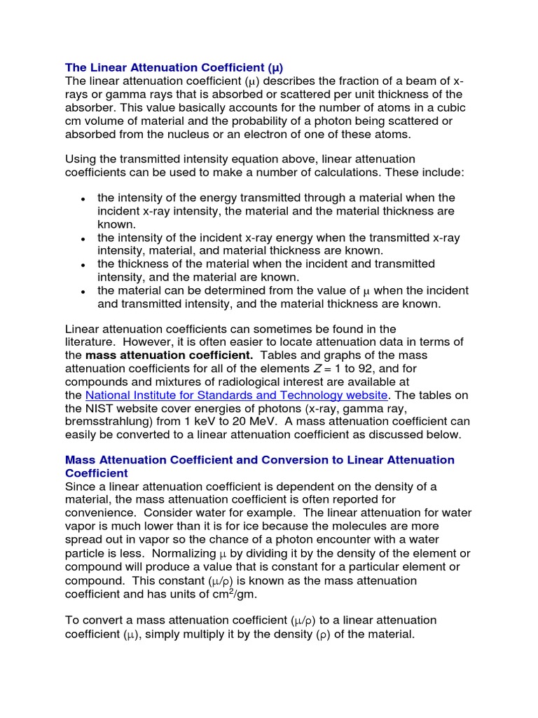 The Linear Attenuation Coefficient | PDF | Attenuation | Gamma Ray