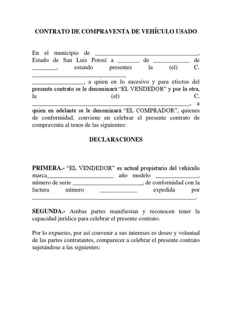 Contrato De Compraventa De Vehículo Usado Información Del Gobierno