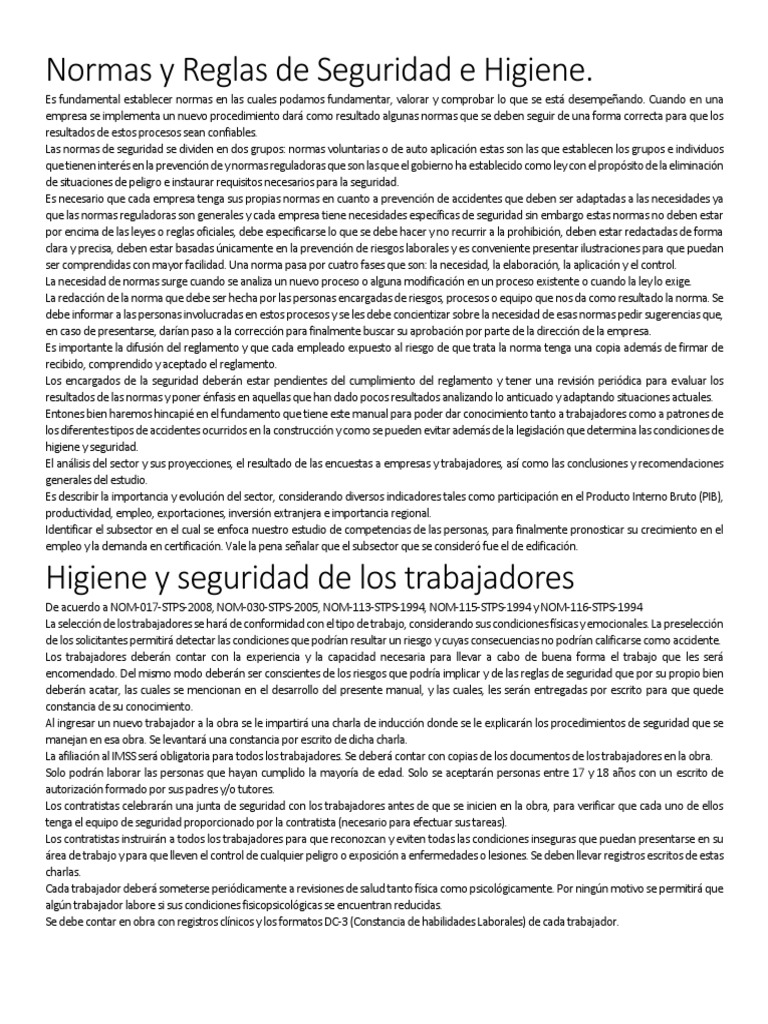 Normas de Seguridad e Higiene Laboral | PDF | Seguridad y salud ...