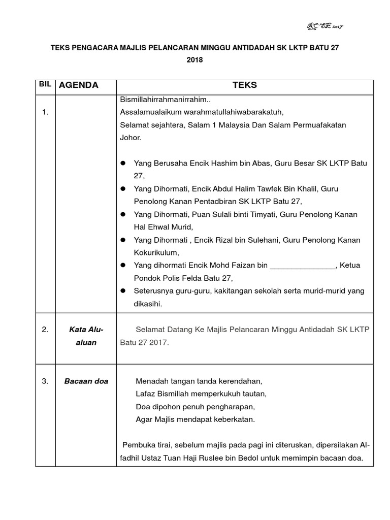 Teks Ucapan Majlis Pelancaran Minggu Anti Dadah
