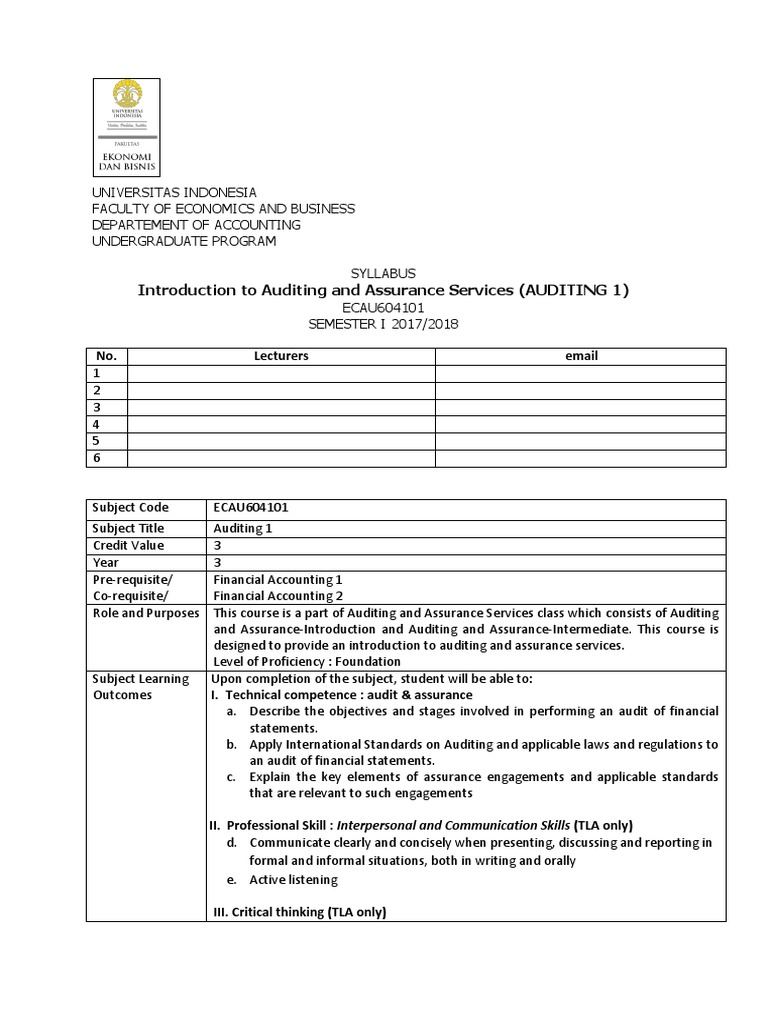 Introduction to Auditing Syllabus | PDF | Audit | Internal Control