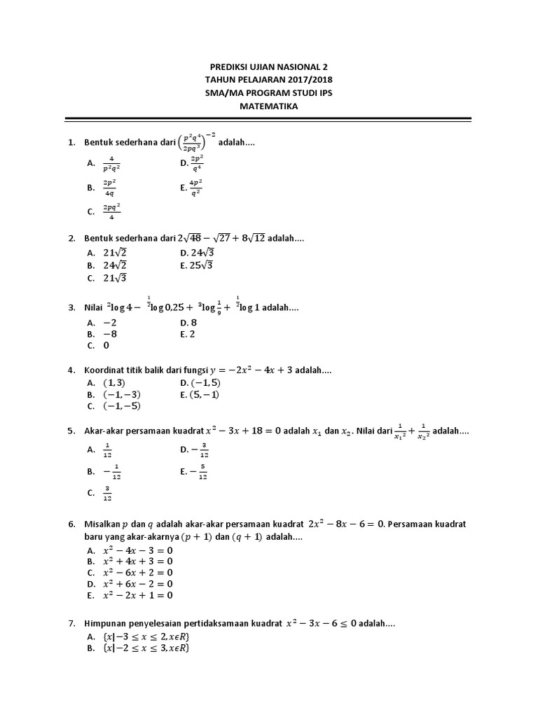 Soal Prediksi Ujian Nasional Matematika Sma Ips Tahun 2018 Paket 2