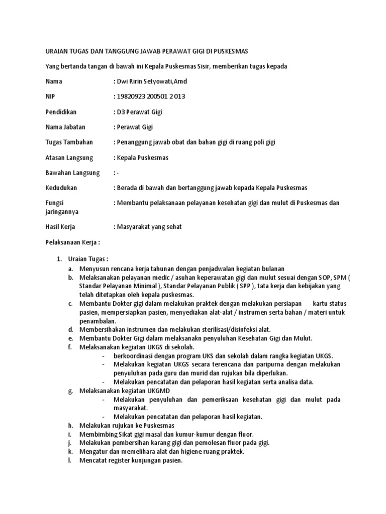 Uraian Tugas Dan Tanggung Jawab Perawat Gigi Di Puskesmas
