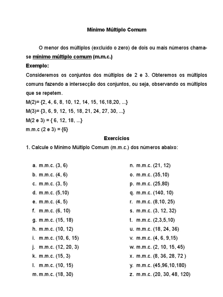 Exercícios de Mínimo Múltiplo Comum | PDF