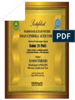 Sertifikat penghargaan kamar terbersih MAN IC Aceh Timur 2018