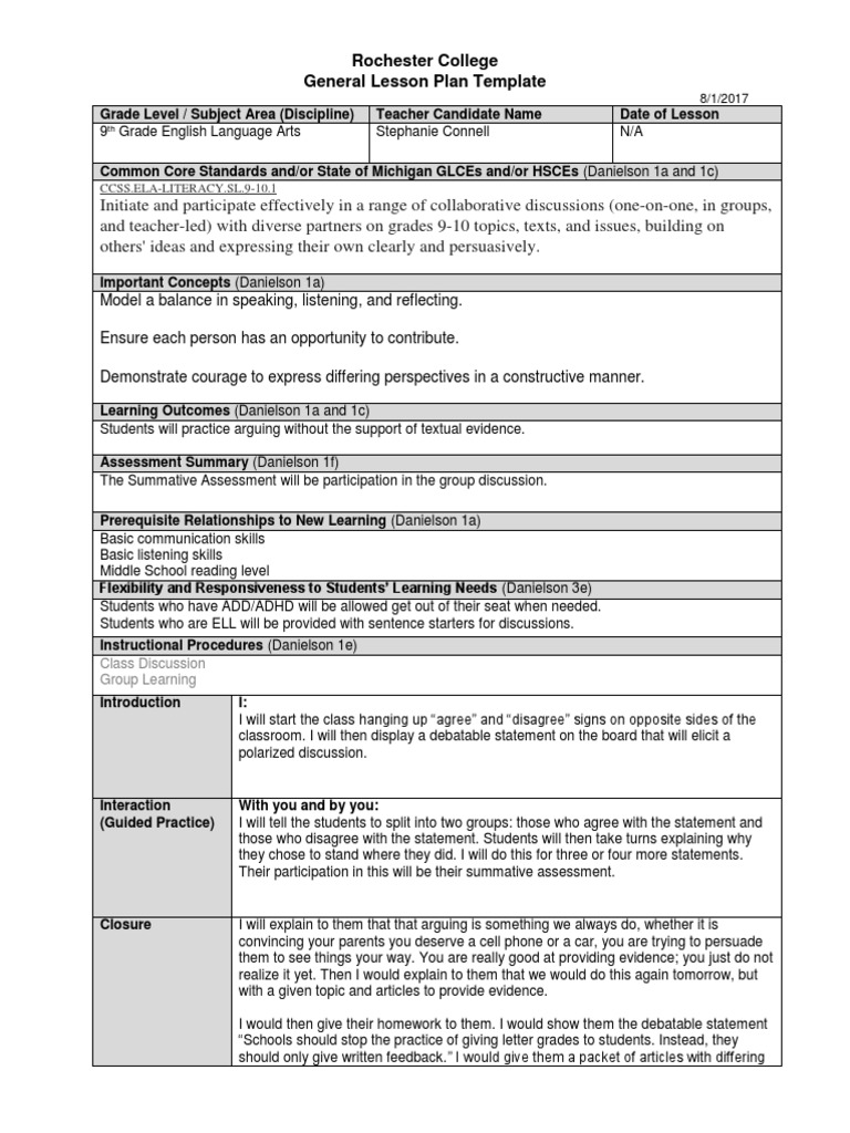 9th Grade ELA Lesson Plan Template | PDF | Educational Assessment ...