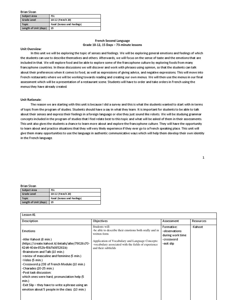 FSL Unit: Food, Senses, and Feelings | PDF | Educational Assessment | Menu