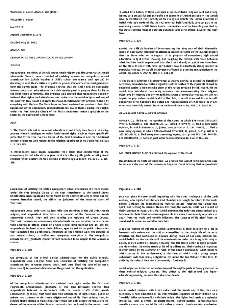 Wisconsin v. Yoder | PDF | Free Exercise Clause | First Amendment To ...